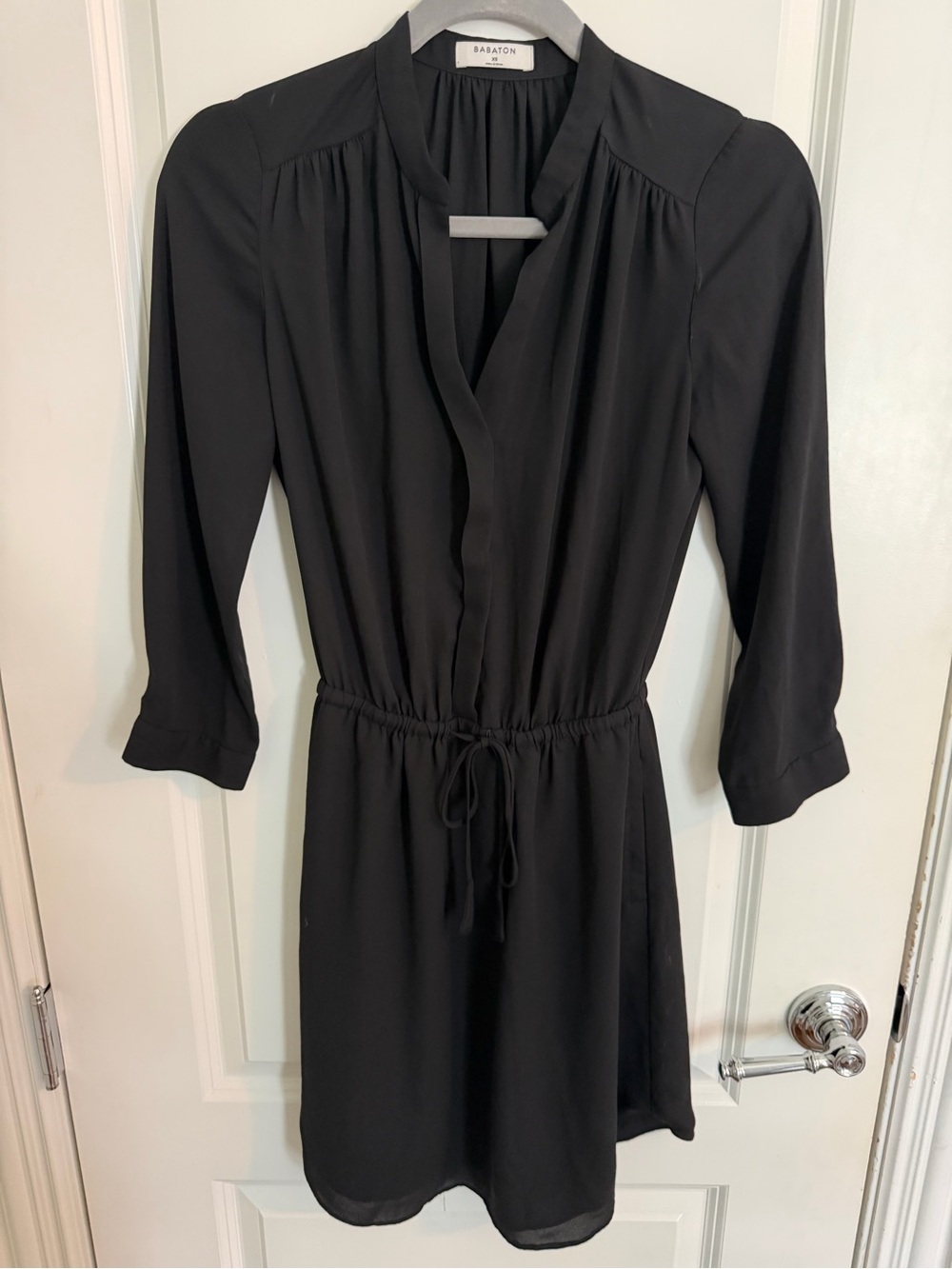 Babaton Black Long-Sleeve Drawcord Waist V-Neck Shift Dress